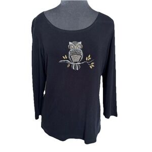 Karen Scott Owl T Shirt M Cotton Long Sleeve Studded Embellished Novelty Soft